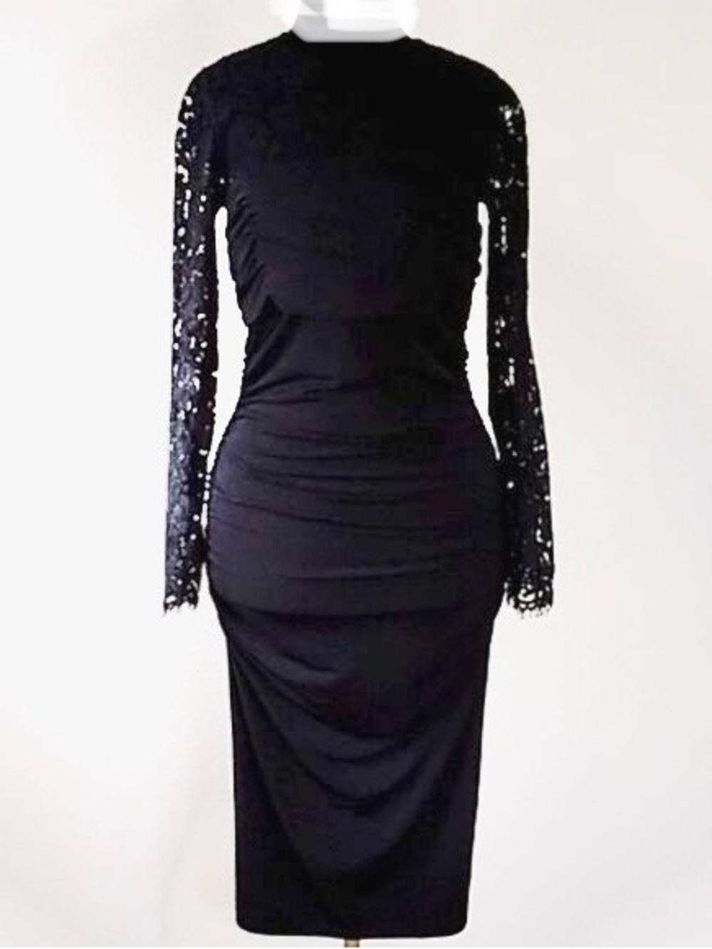 Boston Proper Black Lace Long-Sleeve Ruched Bodycon Evening Dress LBD